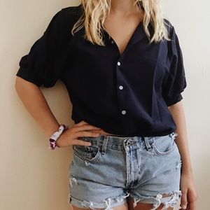 Navy Lantern Sleeve Pleated Detail Shirt